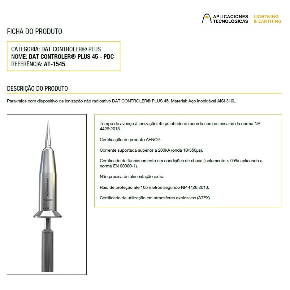 para raios DAT CONTROLER® PLUS 45 PDC APLICACIONES TECNOLÓGICAS AT-1545