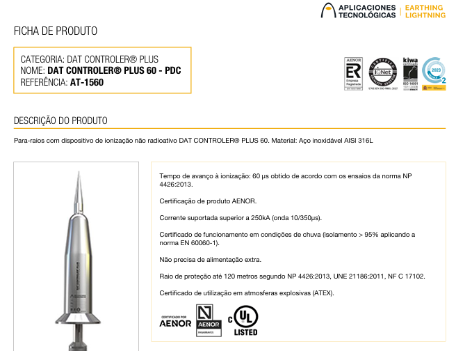 para raios DAT CONTROLER® PLUS 60 PDC APLICACIONES TECNOLÓGICAS AT-1560